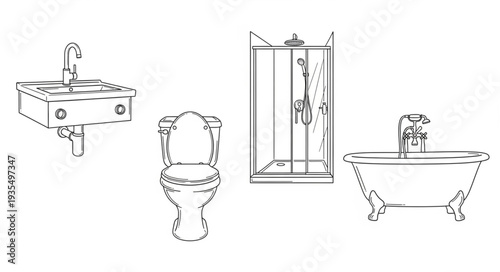 Bathroom fixtures line art illustration.