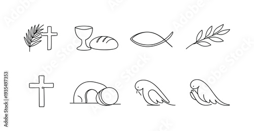 Christian religious symbol outline icon collection set