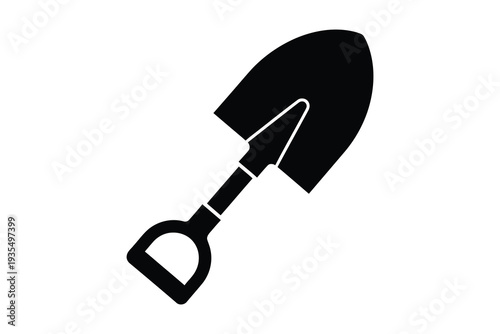 A black and white illustration of a shovel with a d-shaped handle. Vector