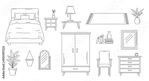 Bedroom furniture line art illustration elements.
