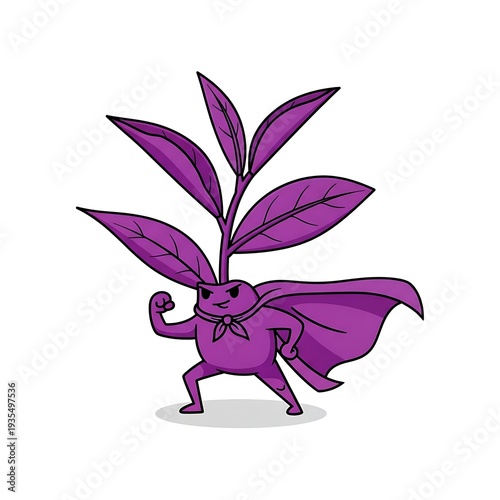 Purple Cartoon Character with Leaves and Cape.