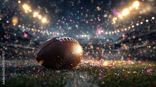 Football sits on the field after a big game celebration at night with bright lights and confetti in the air