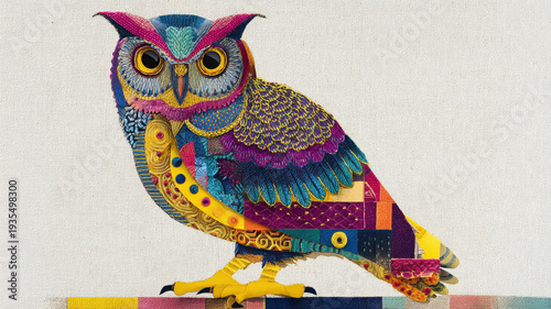Great Horned Owl Colorful Geometric Mosaic Pattern Folk Art Illustration Tribal Design Print
