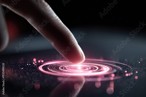 Finger touching pink glowing circle on dark surface 1