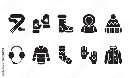 Collection of cold weather clothing icons including a scarf mittens boots jacket hat ear muffs sweater and socks isolated on transparent background