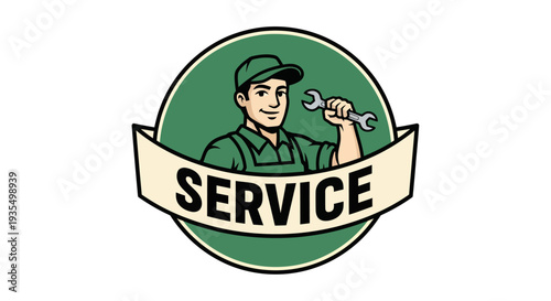 Mechanic holding wrench with service banner emblem.