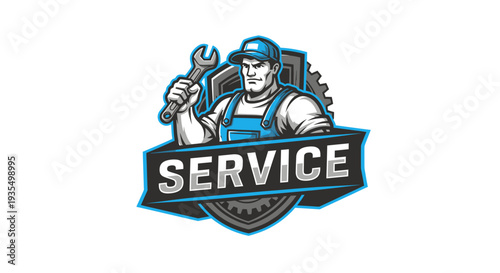 Mechanic holding wrench with service emblem.