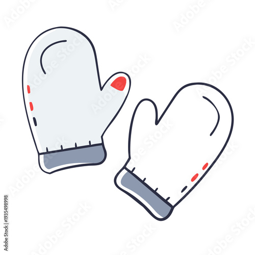 Oven mitts in white with red accents on a plain background  