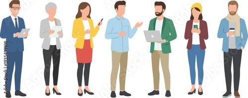 Flat vector set of diverse faceless professionals featuring a businessman with a tablet woman in a yellow blazer and entrepreneur with a laptop