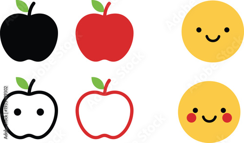 Flat vector set of simple symbolic icons featuring red and black apples in solid and outline styles with yellow smiley face characters