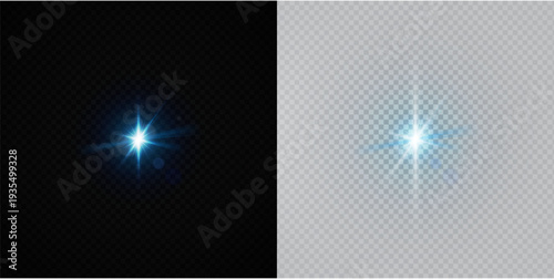 Colorful Star Light Effect Collection with Blue, Golden, and Yellow Glowing Starlight Sparkle Rays and Lens Flare Illumination on Transparent Background