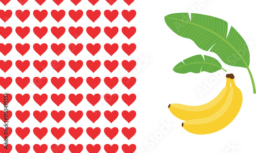 Modern graphic collection featuring a bunch of bananas and lush greenery for organic food branding and tropical summer marketing