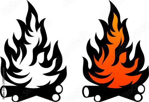 Campfire Flame Icon Set – Bonfire Outdoor Vector Illustration