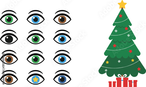 Flat vector illustration of a decorated Christmas tree with red presents and a grid of diverse eye color icons