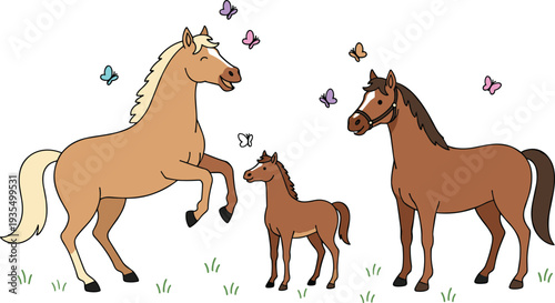 Flat vector illustration of a horse family featuring a rearing stallion brown mare and a small foal in a field with butterflies