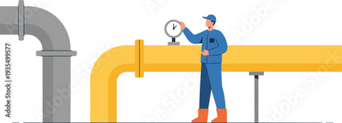 Flat vector illustration of a technician in a blue uniform and orange boots adjusting a pressure gauge on a large yellow industrial pipe