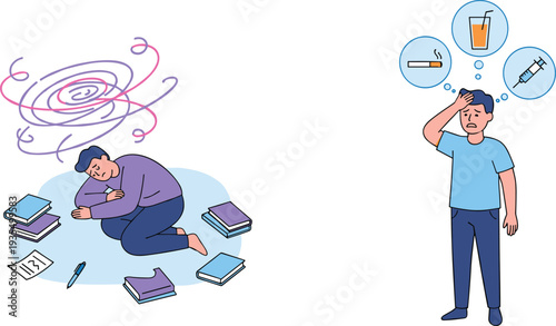 Flat vector illustration of a student overwhelmed by stress and a man dealing with addiction triggers including alcohol and smoking