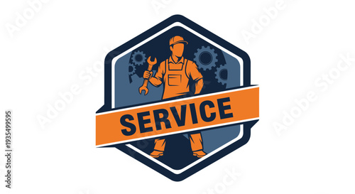 Mechanic Service Emblem with Wrench and Gears.