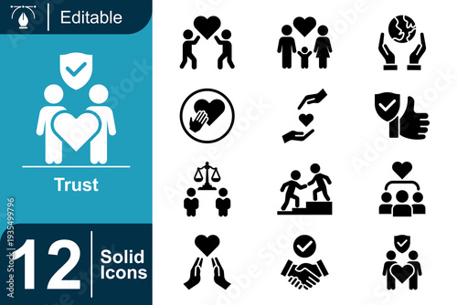 Solid Trust and Reliability Icons Representing Security, Relationships, and Partnership with Empathy and Collaboration, Symbolizing Confidence and Mutual Support
