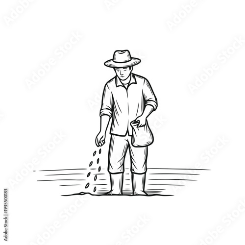 Farmer in a wide brim hat scatters seeds from a small sack onto the ground in a field, symbolizing agriculture and planting season.