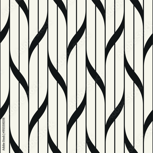 Monochrome seamless geometric wave pattern with bold interlaced grid structure. Modern abstract background featuring rhythmic wavy lines and repeating ripple effect. Stylish vector texture.