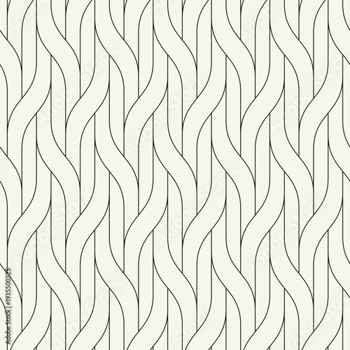 Seamless geometric wave pattern with thin interlaced lines forming a linear woven grid. Modern monochrome background featuring a subtle ripple effect and rhythmic structure. Elegant repeating vector.