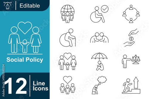 Social policy icons representing diverse aspects of community support, including family, accessibility, and well-being. Explore aid and care graphics for comprehensive social services