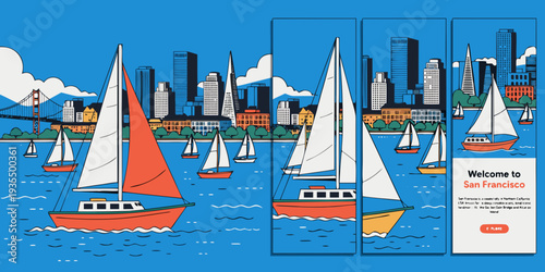 USA, US, U.S, United States - Set of San Francisco Skyline with Sailboats in the Bay – Ultra‑Wide Flat Vector Illustration for Banner, Card, or Flyer | USA California Coastal Cityscape Design