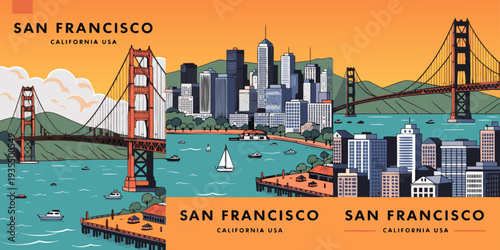 USA, US, U.S, United States - Set of San Francisco Skyline Sunset Over the Bay with Warm Orange Gradient Sky – Ultra‑Wide Flat Vector Design for Banner, Card, or Flyer | USA California Cityscape Illus