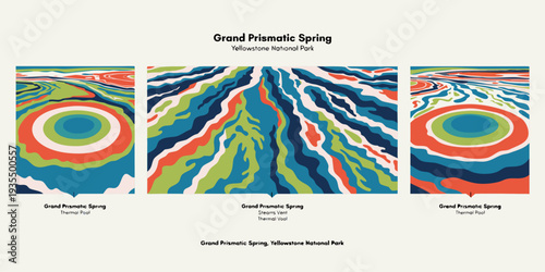 USA, US, U.S, United States - Set Grand Prismatic Spring Colorful Thermal Pool Aerial View – Ultra‑Wide Flat Vector Design for Banner, Card, or Flyer | USA Yellowstone National Park Illustration