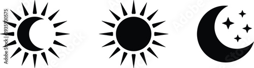 Black and white celestial icons of sun, moon, and stars, representing day, night, and time concepts for design, spirituality, and user interface graphics