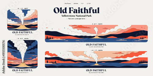 Old Faithful Eruption with Colorful Sky – Panoramic Minimal Flat Vector Design for Banner, Card, or Flyer | USA Yellowstone National Park Illustration