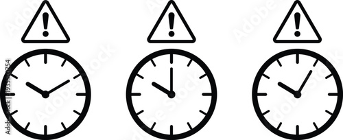 Analog clock icon collection with triangular warning symbols, time management graphics, deadline alerts, scheduling issues, and caution vector illustrations for productivity and planning