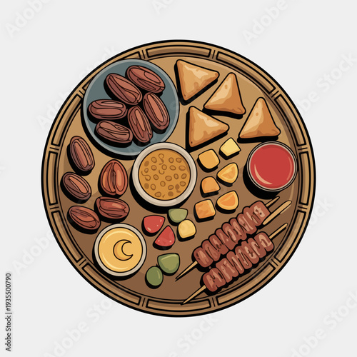 Ramadan Iftar Platter Vector Illustration of Traditional Dates Samosas and Kebabs