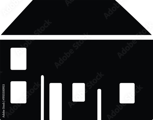 Simple black and white graphic illustration of a multistory building with a pitched roof and windows isolated on a transparent background