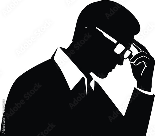 Black and white silhouette of thoughtful person in suit with glasses raising hand to forehead, symbolizing concentration, problem-solving, analysis, and intellectual decision-making