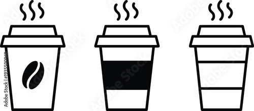 Black and white takeaway coffee cup icons with steam lines, hot beverage illustration set for café branding, design, marketing, and user interface graphics