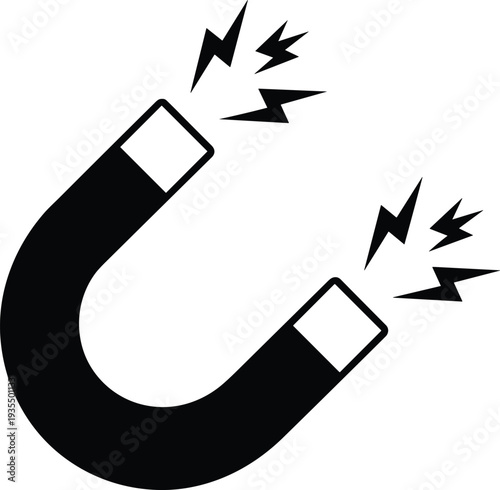 Black horseshoe magnet icon with white ends and stylized lightning bolts, symbolizing magnetic force, energy, attraction, and physics concepts in educational vector illustration.