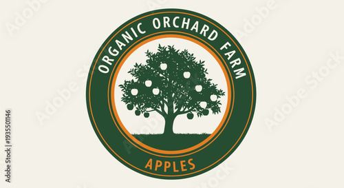 Organic Orchard Farm Apples Logo with Green Tree and Text.