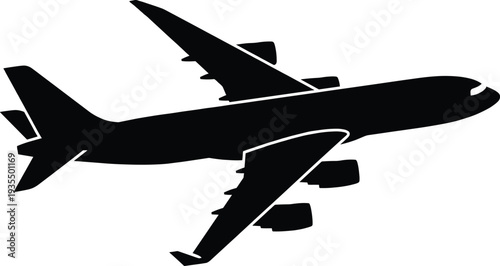 Black silhouette of large commercial airplane viewed from above with wide body, wings, and engines, symbolizing aviation, air travel, aerospace technology, and transportation concept
