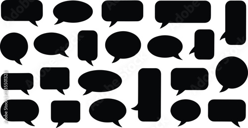 Black speech bubble icon collection featuring rounded and rectangular dialogue shapes with pointed tails for comics, conversation, communication, and digital media vector design