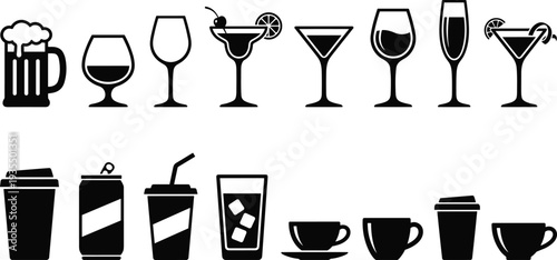 Collection of black silhouette drinkware icons including beer mug, wine glass, cocktail, champagne, coffee cup, soda can, and teacup representing alcoholic and non-alcoholic beverages.