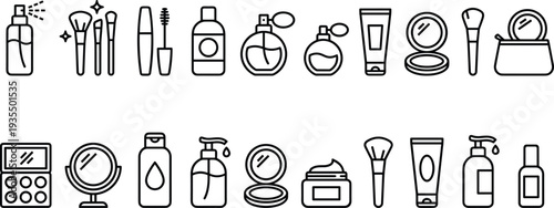 Cosmetic beauty product icons collection featuring makeup brushes, perfume bottles, cream tubes, compact powder, eyeshadow palette, mirror, and skincare items for design, branding, and illustration