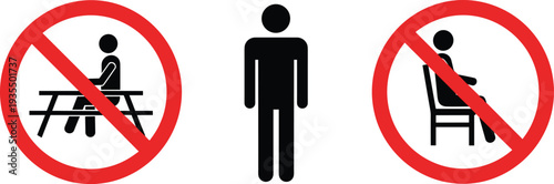 Illustration showing standing person with prohibition signs against sitting on picnic table and chair, symbolizing restriction, health, safety, and behavioral rules enforcement