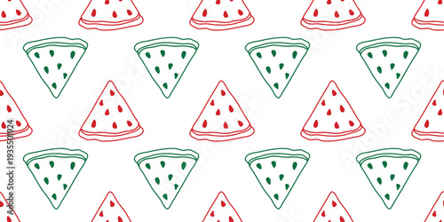 Hand drawn watermelon slices seamless pattern. White background with watermelon silhouette, doodle sketch style. Healthy organic food print. Continuous fill for packaging, paper, textiles, and design.