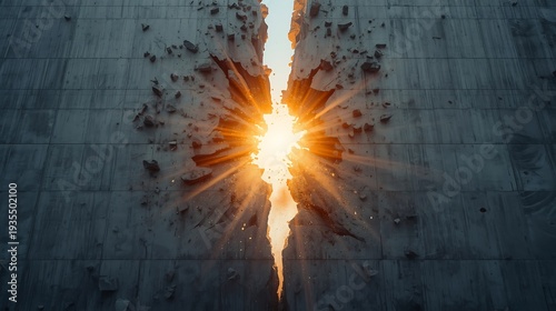 Dramatic Breakthrough Scene of Concrete Barrier Split by Bright Glow