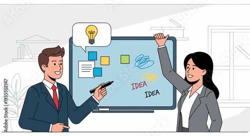 Business professionals brainstorming new ideas on a whiteboard in an office.