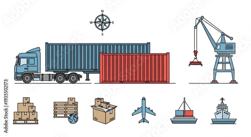 Shipping and Logistics Icons Set Transportation Industry Elements.