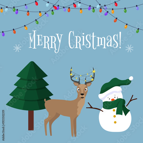 Merry Christmas greeting card with a snowman, deer, and christmas tree characters in a joyful winter holiday scene for celebration.