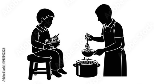 A person serving food to a seated individual in a domestic setting Vector, illustration